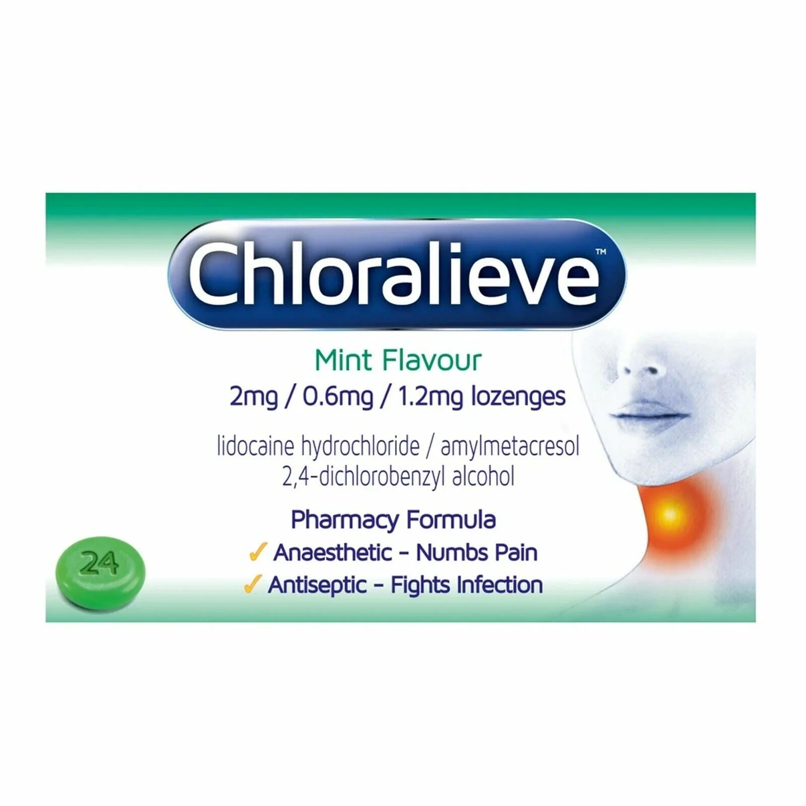 Chloralieve Mint Flavour Sore Throat Lozenges - 24